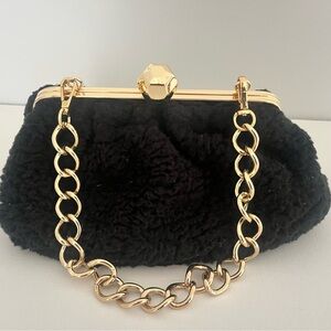Frances Valentine Zelda Clutch Black Teddy Material with Gold Chain
